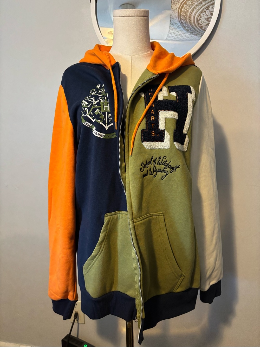 Men's Colorblock Zip-Up Hoodie Jacket - Olive, Navy & Orange